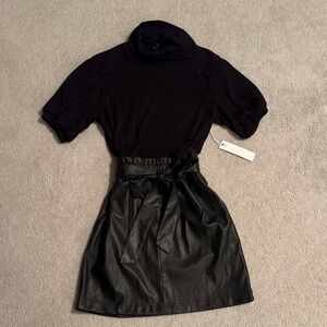 DREW Black Turtleneck Short Sleeve Vegan Leather Dress with Belt